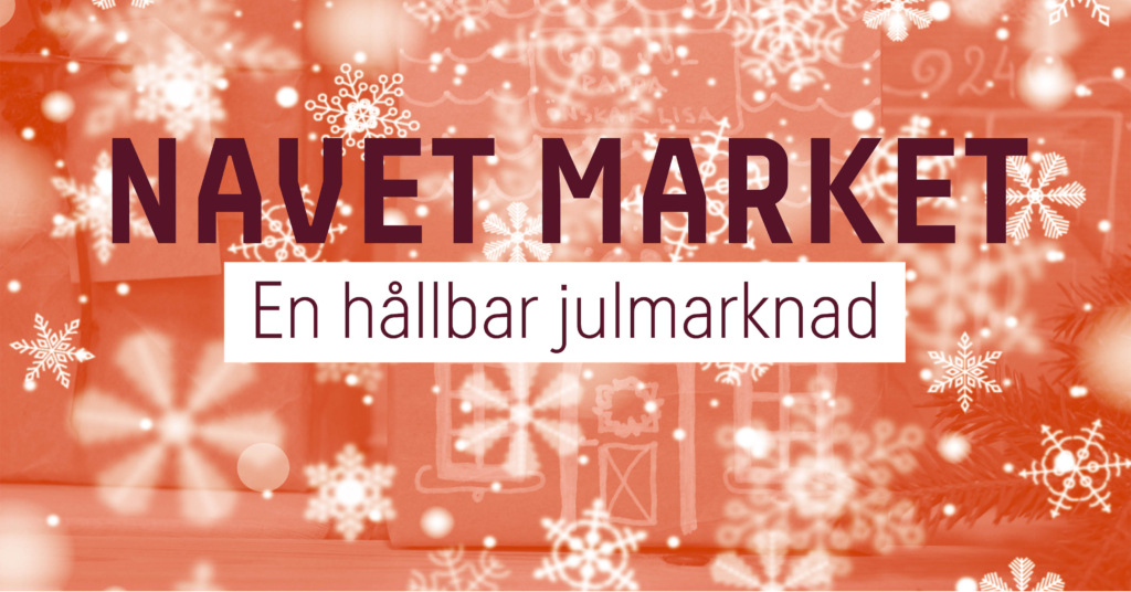 Reklambild för Navet Market. En grafisk bild med röd bakgrund och snöflingor med ordbilden "Navet Market - en hållbar julmarknad".