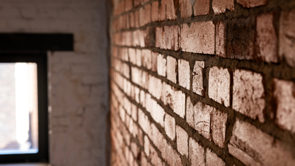 In innervägg rött tegel i en av Yllefabrikens lägenheter. 