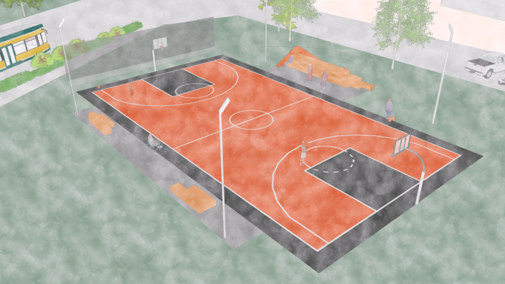 Skissbild på orange basketplan sedd uppifrån, spårvagn syns till vänster i bild